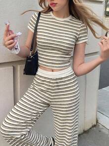 SHEIN Teen Girls Black & White Striped Patchwork Crew Neck Short Sleeve T-Shirt And Pants Co-Ord Set - Multicolor - View 2