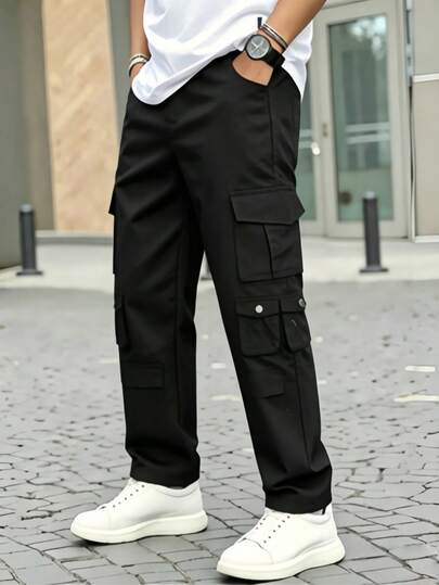 Pantalón Cargo Negro Cintura alta Hombre Holgado Recto Multi Bolsillos Cintura Ajustable Trabajo Exterior Casual
