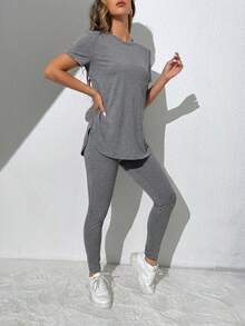 SHEIN Essnce Women's Casual Sports Daily Commute Simple Solid Color Short Sleeve Split Hem T-Shirt And Leggings 2-Piece Set, Spring/Summer,Summer Outfits For Women - Grey - View 5