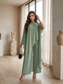 Auveirra Women's Solid Color Asymmetric Hem Shirt And Wide Leg Pants Casual 2 Pieces Set Zoo Outfits Women - Olive Green - View 2