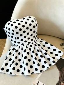 Selianne Áo hai dây ngắn phong cách Pháp retro họa tiết chấm bi, chiết eo, gấu xòe, không tay, áo crop top cho mùa hè - Đen và trắng - Xem 2