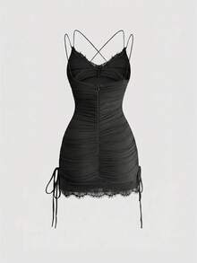 ROMWE Y2K Sexy Charming Avant Lace Patchwork Mesh Ruched Waist Bodycon Mini Dress For Women - Black - View 2