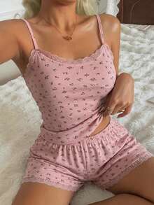 DAZY 2pcs Lace Patchwork Pink Ditsy Floral Camisole And Shorts Pajama Set For Women - Pink - View 1