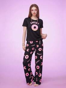 Notgurli Cartoon Doughnut Printed Short Sleeve And Long Pants Pajama Set For Spring/Summer - Black - View 7