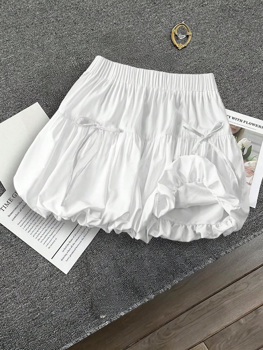 GlowEve CURVE Plus Size Women High Waist Bow Decor Puff Mini Skirt Fall - White - View 1