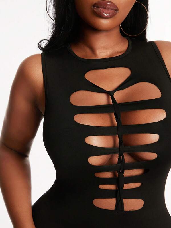 Radiana Plus Size Women's Fashionable Casual Hollow-Out Design Bodysuit, Sleeveless, Spring/Summer Club Black