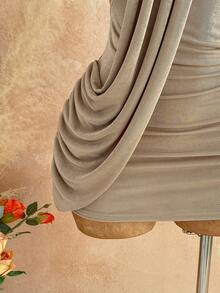 SHEIN PETITE CURVE 大码女式春夏不对称裹身系带修身迷你连衣裙，适合约会、花园派对、下午茶、插花、波西米亚风、度假、复古风、假日等各种场合。 - 卡其色 - 查看 10