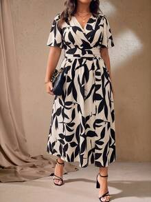 Roveilla Plus Size Women Leopard Print V-Neck Short Puff Sleeve Side Split Hem Fashionable Dress Maxi Women Outfit - Multicolor - View 5