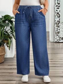 EMERY ROSE EMERY ROSE Jeans casuales sueltos de talla grande con bolsillo de torsión y unicolor - Azul lavado medio - Ver 5