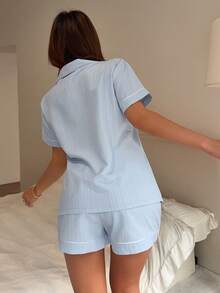 Napfluff Bộ đồ ngủ nữ kẻ sọc viền tương phản có túi - Màu xanh lam - Xem 2