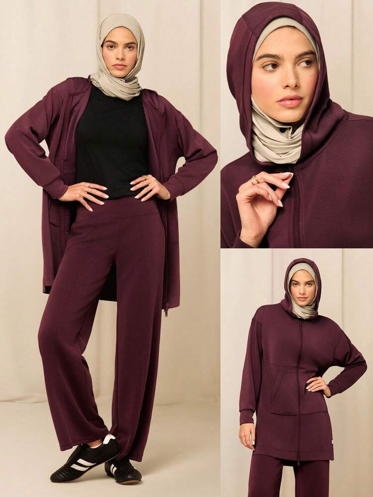 Modest 1PC SoftCalm Modal Always Glowing Relaxed Fit Thigh Length Pocket Side Split Hem Hooded Long-Sleeve Daily Casual Wear