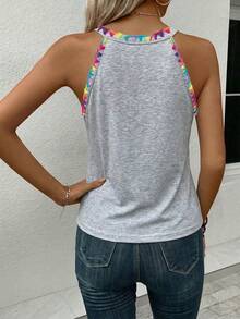 SHEIN LUNE Áo tank top nữ 95% cotton thêu ren hoa nhiều màu sắc, kiểu dáng ôm sát, cổ yếm, thích hợp cho mùa hè. - Màu Xám nhạt - Xem 2