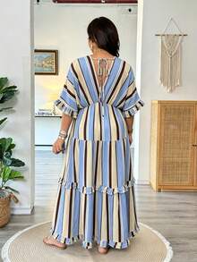 Vionelle Plus Size Women Elegant Boho Navy Blue Ruffle Hem Loose Long Dress, Spring/Summer Beach Vacation - Blue - View 2