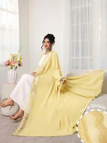 Al Najma Elegant Fashion Floral Trim Abaya Robe, Suitable For Spring And Summer - Yellow - View 5