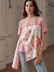 Anewsta Asymmetrical Tie Strawberry Print T-Shirt, Summer - Pink - View 6
