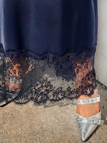 GalTyme Plus Size Women Lace Patchwork Satin Slip Dress - Navy Blue - View 7