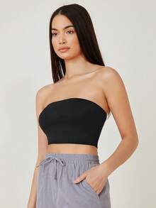 SHEIN BASICS 女士纯色舒适透气休闲简约设计短款露脐抹胸上衣，夏季 - 彩色 - 查看 4