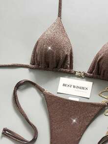 Swim Vcay Women's Solid Color Shiny Fabric Spaghetti Strap Metal Decor Beach Vacation Bikini Set - Brown - View 3