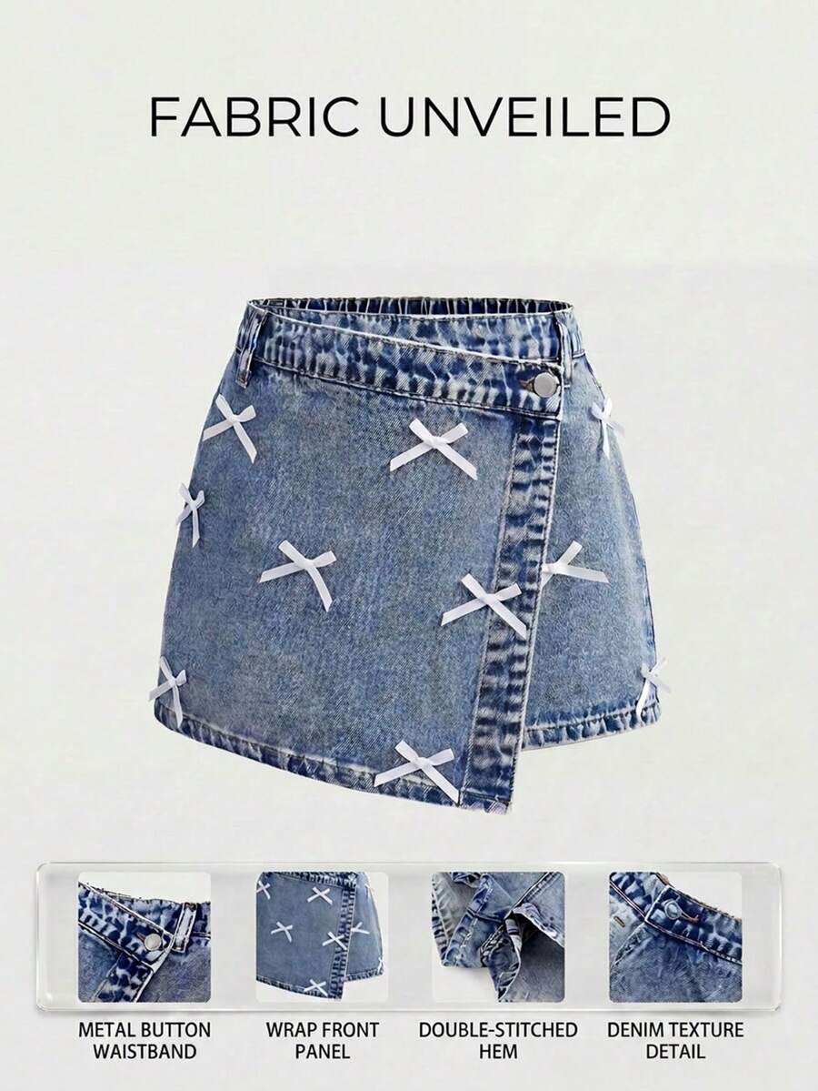 SHEIN Girlism Váy quần jean nữ tuổi teen phong cách Y2K, kiểu dáng bất đối xứng, cạp chun, thích hợp cho mùa xuân và hè, thanh lịch và nghỉ lễ, thích hợp cho kỳ nghỉ hè, đi biển. - Màu xanh lam - Xem 1