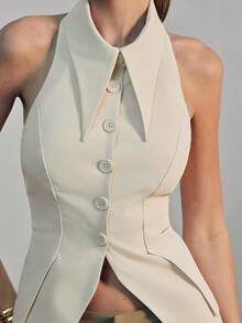 Hauture Women's Sexy Casual Office Collared Sleeveless Blazer Vest Shirt Top, Old Money, Sophisticated Top, Work, Brunch, Baby Showers, Dates, Wedding - Apricot - View 3