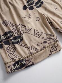 HARRY POTTER X SHEIN 男士字母印花单排扣短袖上衣和短裤休闲家居服套装 - 銅色 - 查看 6
