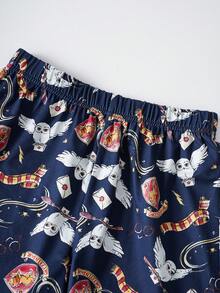 HARRY POTTER X SHEIN 少女猫头鹰印花吊带背心和短裤睡衣套装 - 紅色 - 查看 6