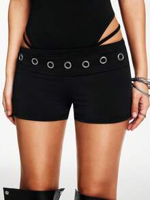 Nooralise Women's Summer Spicy Chili Pepper Style Fitted Shorts, Grommet Decor Casual Girlisim Shorts For Outdoor Daily Wear Golf Pastal - Black - View 1