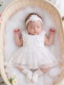 2 piezas Conjunto de vestido elegante para bebé niña recién nacida | Encaje blanco + Falda de tul con decoración floral 3D, estilo dulce y delicado adecuado para fiesta, sesión de fotos, ocasiones festivas, suave y cómodo, artículo de regalo encantador - Blanco - Ver 4