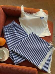 Comfortcana Damen Casual Gelb Spitzenbesatz Trägerhemd und gestreifte Hose 2-teiliges Set, Schule Creme Gelb 2-teiliges Outfit - Verschiedenfarbig - Übersicht 5