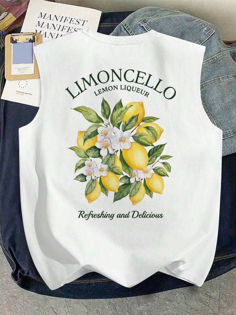 Torvinic Casual Fresh Summer Lemon Print White Camisole - White - View 1