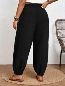 SHEIN Frenchy Summer Vacation Women's Tropical Print Knot Front High Waisted Long Pants - Black - View 5