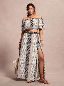 SHEIN VCAY Plus Size Women Ditsy Floral Shoulder Top And Side Slit Midi Skirt 2 Piece Set - Black and White - View 3