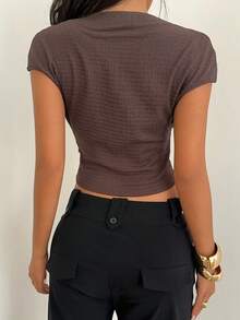 Aloruh Women's Sexy Deep V-Neck Short Sleeve Casual Pullover Dark Brown Textured Jacquard Metallic Decor Top Club Summer - Coffee Brown - View 2