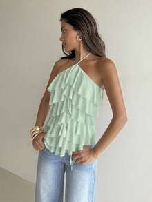 Aloruh Women's Elegant Romantic Tie-Up Neck Multi-Layer Ruffle Trim Teal Vacation & Date Top - Teal Blue - View 4