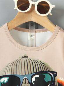 SHEIN Cartoon Print Crew Neck Short Sleeve T-Shirt And Shorts Set, Suitable For Summer - Camel - View 4