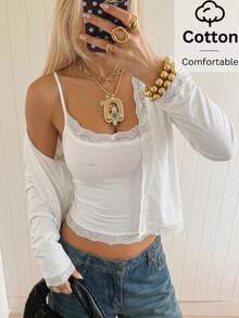 SHEIN EZwear White Knit Spaghetti Strap Summer Lace Patchwork Comfortable Casual Women's Set - White - View 3