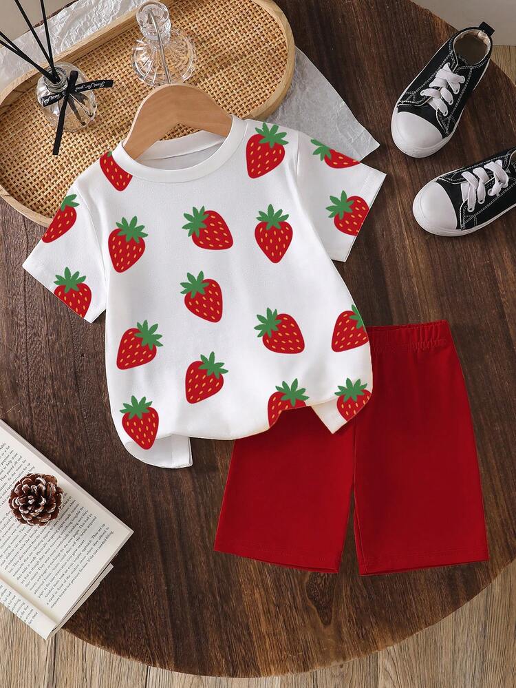 Bộ 2 món thời trang in họa tiết dâu tây cho bé gái, áo thun ngắn tay và quần short thường ngày, thoải mái và phong cách. Phù hợp cho mọi mùa, mặc ở nhà, đi du lịch, ngày lễ, phong cách mùa xuân, áo, quần short, xu hướng SS26, thời trang mới SS26, bộ đồ, áo mùa hè, trang phục mùa hè thoải mái dễ mặc, bộ đồ bé gái phong cách, đồ mặc thường ngày, bộ đồ xuân hè, phong cách mới, chill chill - Nhiều màu - Xem 3