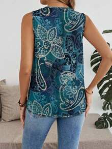 EMERY ROSE Elegant Vintage Distressed Green Floral Print Bohemian Style Sleeveless V-Neck Blouse, Suitable For Music Festivals, Beach Outfits, Vacation Wear, Plus Size Women In Summer - Multicolor - View 2