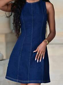 Mima John Women's Casual Sleeveless Round Neck Backless Tie-Up Denim Dress - Dark Wash - View 3