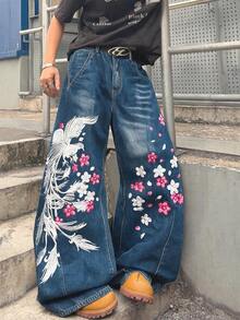 ROMWE MEN Quần jeans nam dáng suông, ống đứng, họa tiết phượng hoàng và hoa anh đào phong cách retro Y2K, kiểu dáng đường phố, rách nhẹ. - Rửa tối - Xem 8
