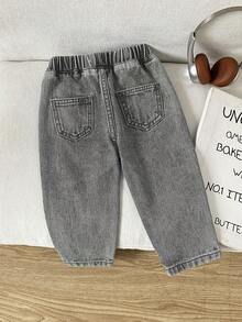 Toddler Boys' Soft Cotton Casual Loose Fit Washed Denim Jeans, Elastic Waist, Tapered Leg, Suitable For Daily Wear And Vacation, Summer - Light Grey - View 2