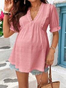 SHEIN Maternity Solid Color Ruffle V-Neck Short Sleeve Casual Shirt - Pink - View 9