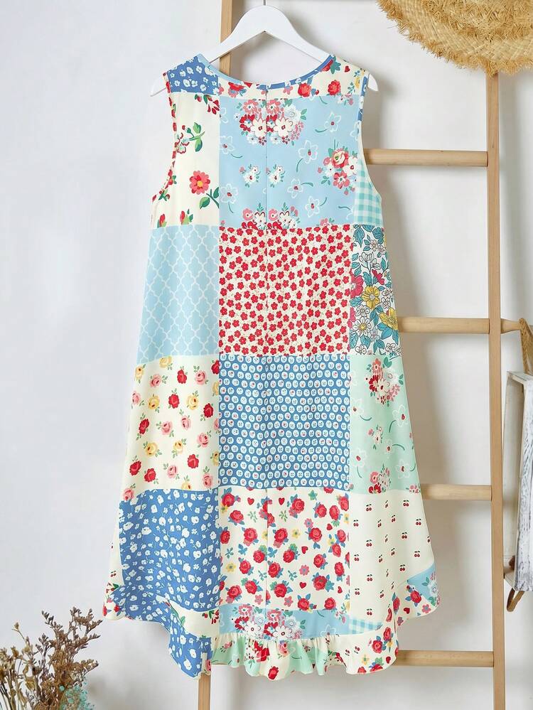 Plus Size Round Neck Sleeveless Ditsy Floral Casual Versatile Summer Dress
