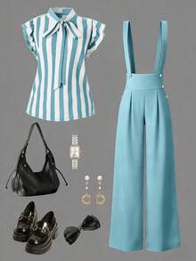 Rometta Plus Size Women's Light Blue Striped Ruffle Tie Bow Blouse & Metal Button High Waist Wide Leg Pants Suspender Suit,Summer Cute School Commuting Style - Multicolor - View 4