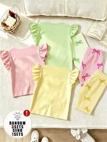 (Random 3 Sets, Send 1 Set) Girls' Fashion Fresh Lemon Flower Pink Bow Letter Pattern Printed Basic Flying Sleeve Short T Plus Cycling Pants Set - Multicolor - View 2