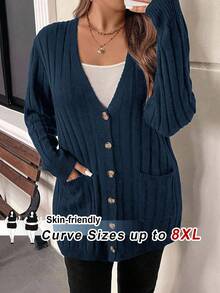 SHEIN CURVE+ 大尺碼女款寬鬆開襟針織衫，商務休閒款柔軟修身上衣，鄉村風，適合秋季約會與辦公室，海軍藍 - 藏蓝色 - 查看 10