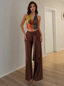 SHEIN Glamour Quần nữ buộc dây kiểu dáng thường ngày - màu nâu - Xem 4