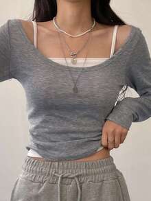 DAZY 2pcs Women's Color Block Casual T-Shirt Set,Fall Clothes Long Sleeve Women Tops - Light Grey - View 2