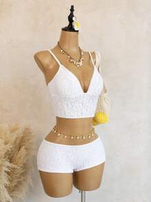 ROMWE Kawaii Bộ đồ bơi nữ phong cách Bohemian, áo hai dây ren trắng, quần short xếp tầng bèo nhún, thắt eo dây đen, phong cách Boho cho kỳ nghỉ bãi biển tiệc hồ bơi quyến rũ, mùa xuân lễ Phục sinh - trắng - Xem 6