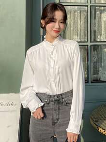 DAZY Frilled Neck Flounce Sleeve Blouse,Long Sleeve Tops,Fall Clothes - White - View 5